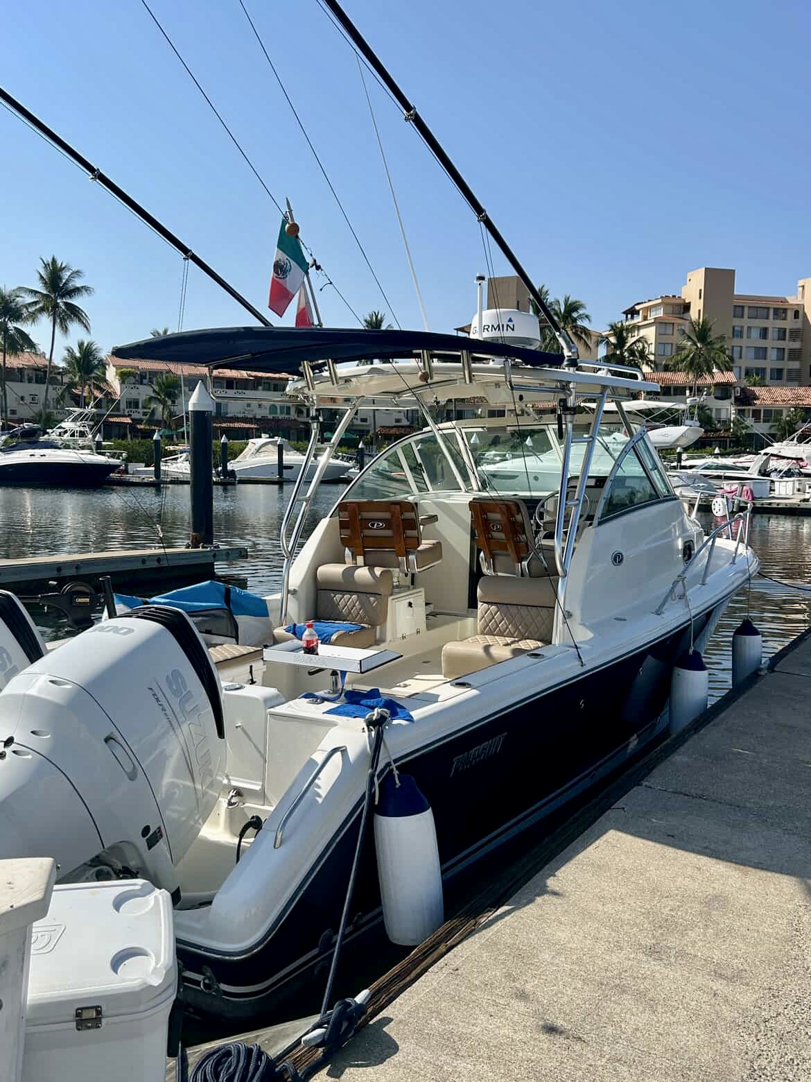 Pursuit Offshore 285 cockpit at the marina