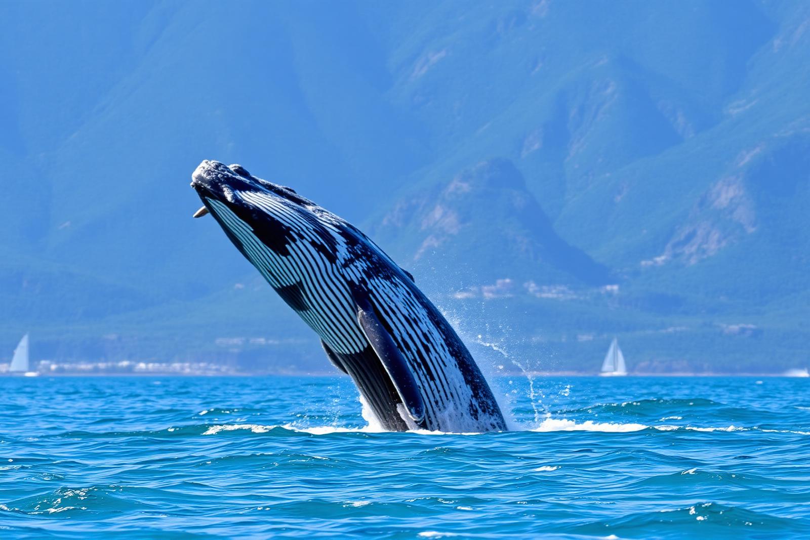 Humpback whale breaching off the mountainous coast of Zihuatanejo
