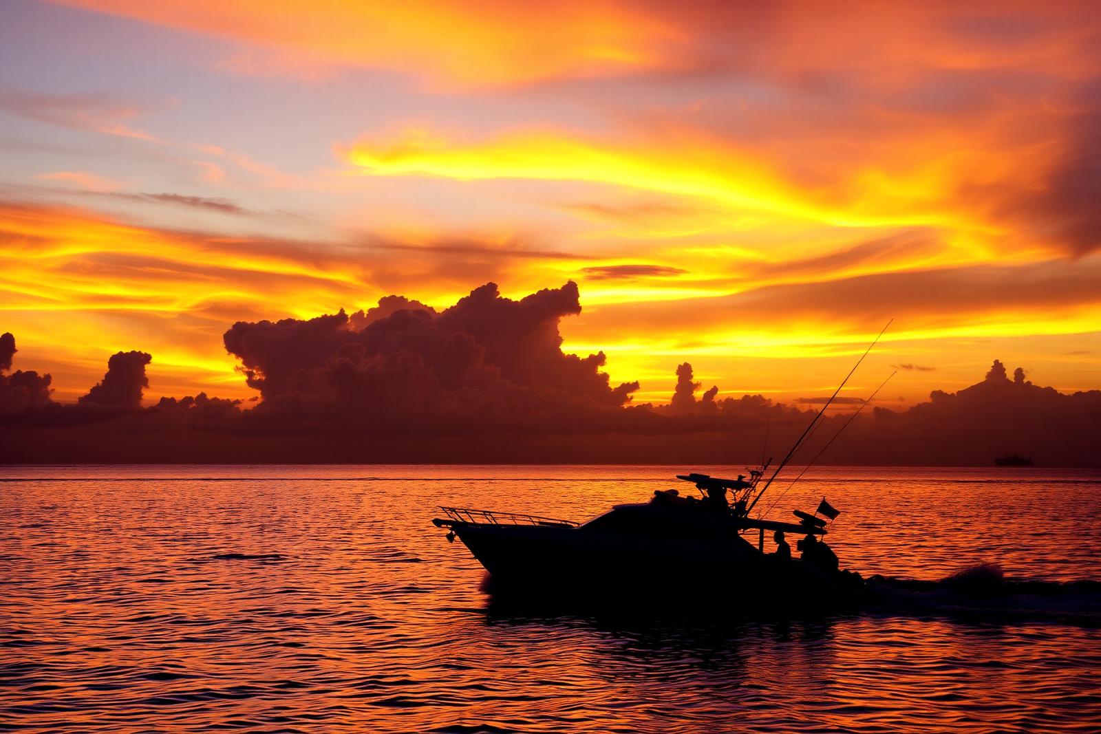 Fishing boat silhouetted against a fiery Zihuatanejo sunset
